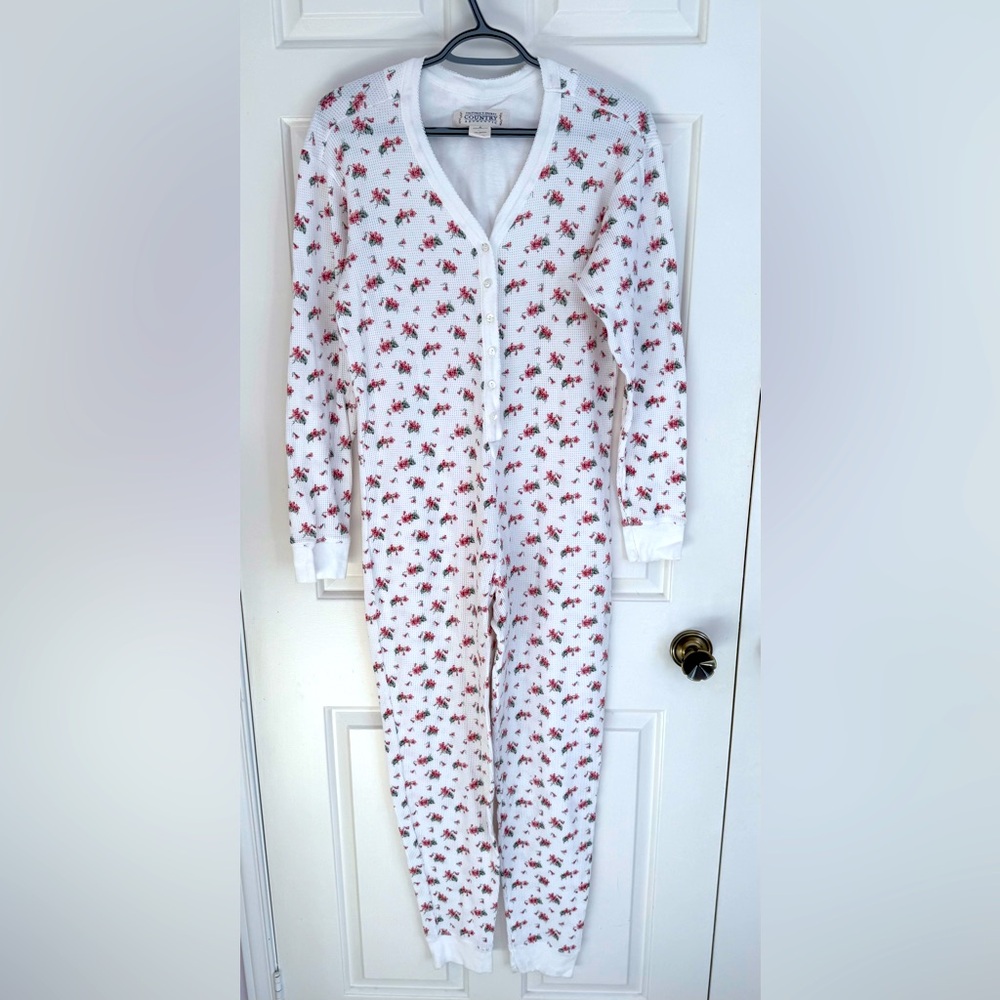 Victoria's Secret White One-Piece Pajama Jumpsuit with Red Floral Print